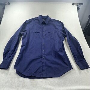 Teddy Stratford Shirt Mens XXL (6) Blue Twill Slim Fit Hidden Zip Chest Pockets
